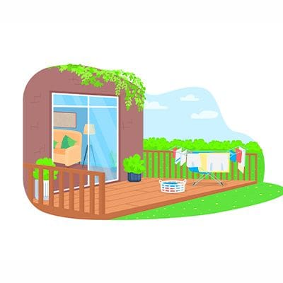 A cartoon of a house with a deck and patio