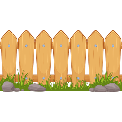 A cartoon of a fence with grass and rocks.