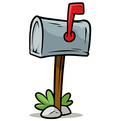 A cartoon of a mailbox with grass and rocks around it.