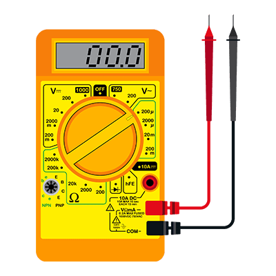 A yellow digital multimeter with red and black wires.