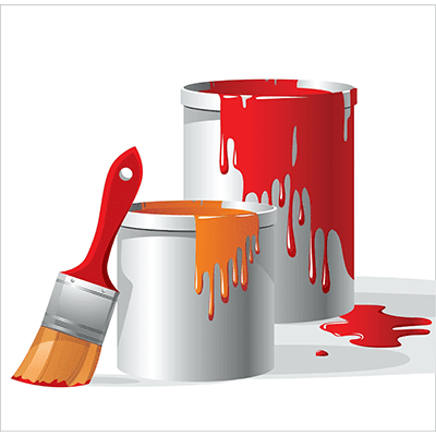 A red paint brush and white can with spilled paint.