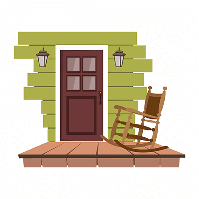 A rocking chair sitting in front of a door.